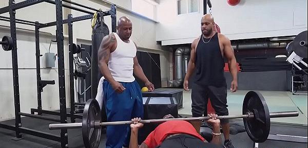  Tiny blonde has to fuck these 3 big black dudes to use the gym...
